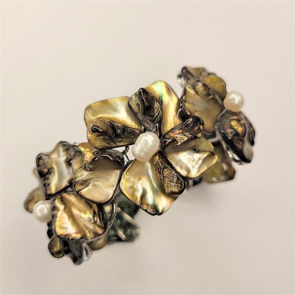 Olive Green Cuff Pearl Adjustable Cuff Bangle Bracelet- NEW - Picture 2 of 10